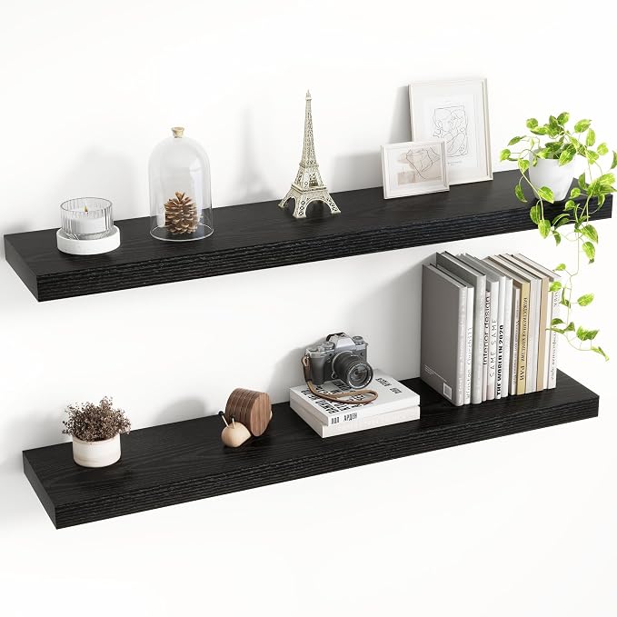Acovy 36 Inch Floating Shelves, 8 Inch Deep Floating Shelves for Wall, Hanging Shelf with Invisible Brackets, Deep Shelves for Bathroom, Bedroom, Living Room, Black, Set of 2