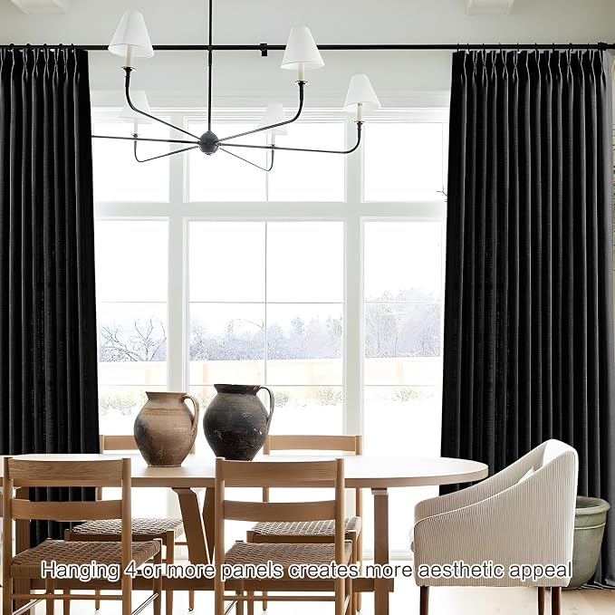 Black 90 Inch Curtains Pinch Pleated Linen Curtain for Living Room, Floor to Ceiling Light Filtering Pleat Drapes Textured Thick Semi-Sheer Curtains with Hooks for Bedroom Sturdy Room, 2 Panels
