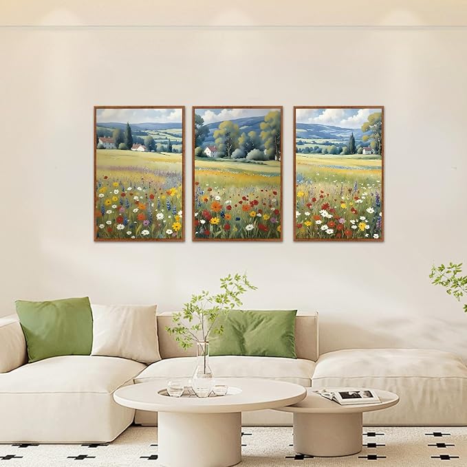 LHIUEM Vintage Wildflower Framed Canvas Wall Art,Boho Mountain Wall Decor,Rustic Floral Painting,Nature Field Landscape Artwork for Living Room,Bedroom,Dining Room,Farmhouse -16"x24"x3