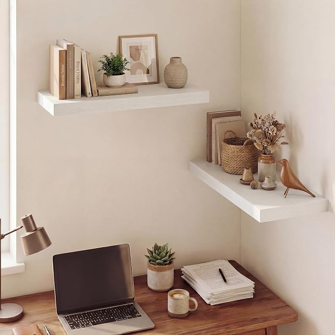 Dreamland 24 Inches Floating Shelves for Wall,9.3" Deep Long Floating Shelves Set of 2,Large Display & Storage Shelf,Wall Shelf for Bathroom Bedroom Living Room Kitchen Office,White