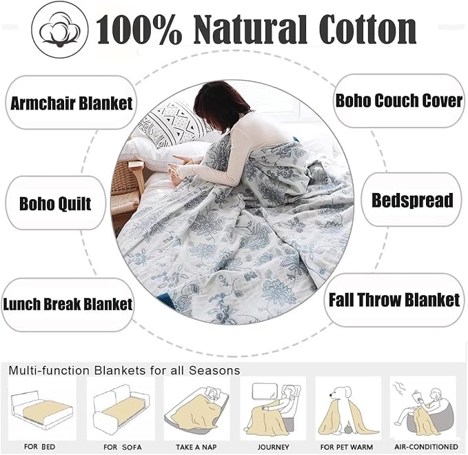 MSGKV Boho Throw Blanket for Bed 80"x90", 100% Cotton Reversible Woven Breathable&Lightweight Summer Decorative Blanket for Couch Living Room