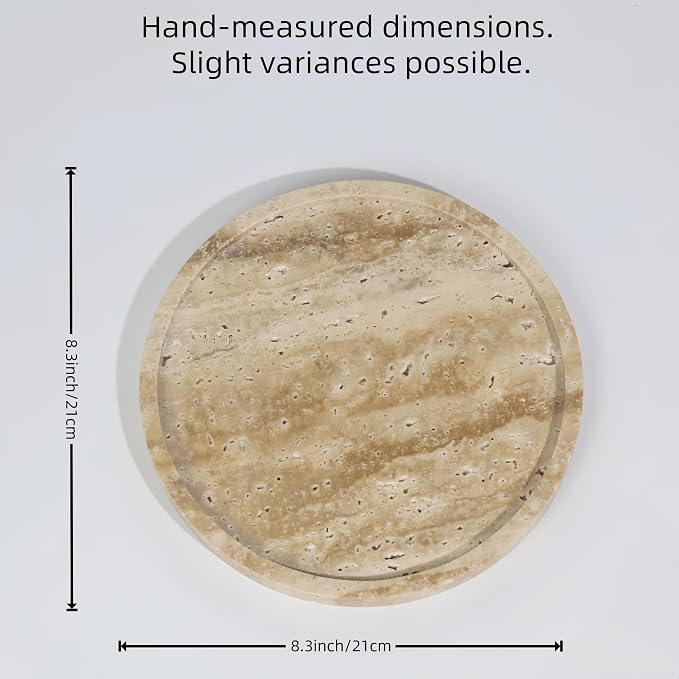 Natural Marble Vanity Tray, Round, 8.3 Inch, with Anti-Slip Pads, for Bathroom, Jewelry, Perfume Display, Coffee Table Decor (Travertine)
