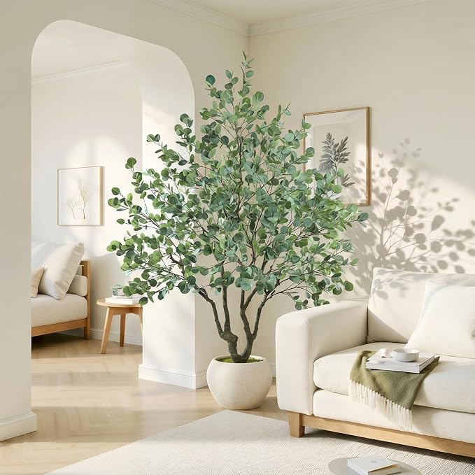 Caxchiling Large Artificial Eucalyptus Tree 8FT, Indoor Outdoor Faux Tree | Natural Trunk with White Planter for Home Office Living Room Front Door Decor