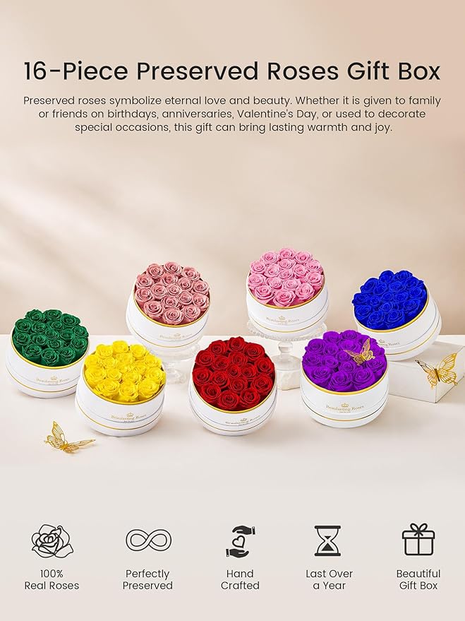 16 Preserved Roses Forever Flowers Real Roses in a Box Mother's Day Birthday Flowers for Her Mom Women Wife Valentine's Day, Purple Roses