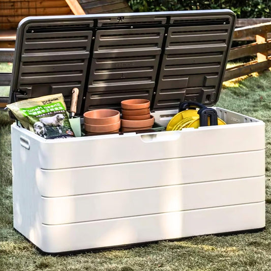 ZZM 110 Gallon Lockable Resin Deck Box, Waterproof Outdoor Storage Box for Patio Cushion Storage Cabinet and Tools Storage, White
