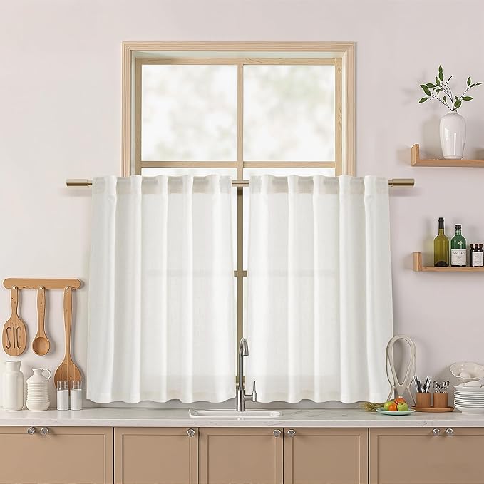 Nanspring 36 Inch Small Curtains for Kitchen Windows Over Sink Linen Blend Semi Sheer Short Linen Curtains Back Tab Rod Pocket Privacy Bistro Curtain Small Window for Cafe 2 Panels 30 X 36 Inch