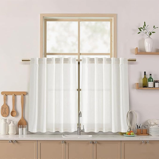 Nanspring 36 Inch Small Curtains for Kitchen Windows Over Sink Linen Blend Semi Sheer Short Linen Curtains Back Tab Rod Pocket Privacy Bistro Curtain Small Window for Cafe 2 Panels 30 X 36 Inch