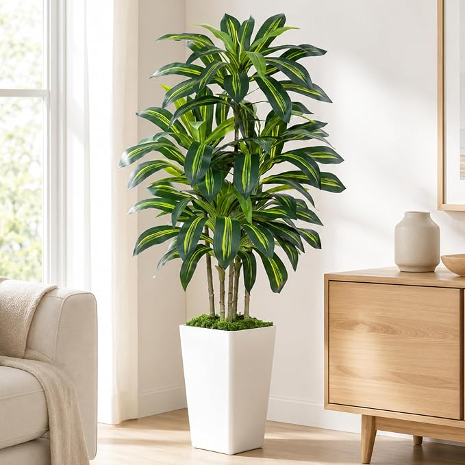 Dracaena Plant Artificial Tree 5Ft Tall Fake Tropical Floor Plants Potted Artificial Silk Tree Leaf Faux Trees White Tall Planter for Home Office Living Room Indoor Outdoor Decor