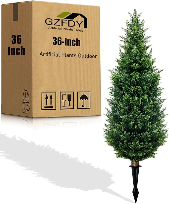 3Ft Artificial Cedar Topiary Tree - UV Resistant Fake Shrubs with Ground Spike for Outdoor & Indoor Use, Front Porch, Garden Decor