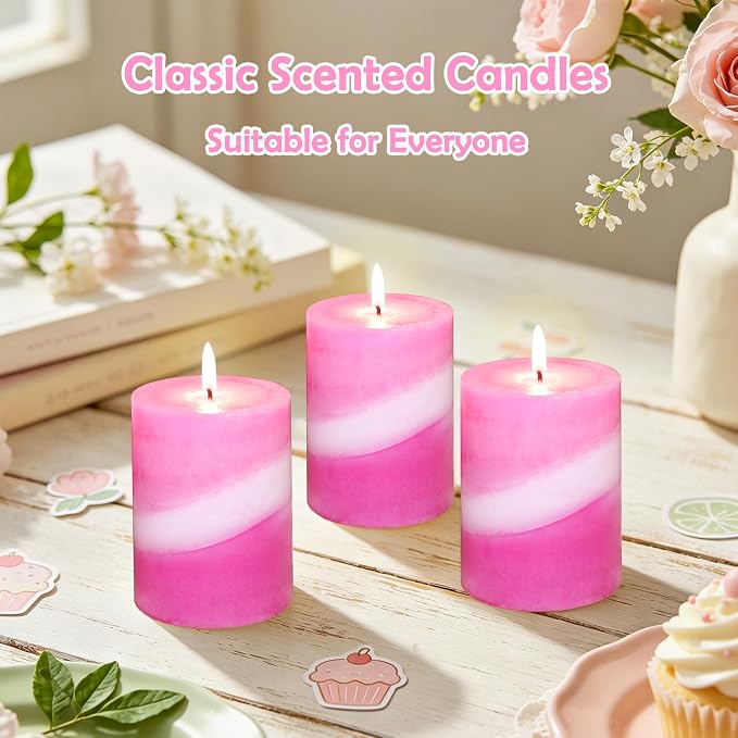 French Rose Scented Pillar Candles, 100% Cotton Core Pink and White Striped Paraffin Wax Candles for Home Wedding Dating Decor, Long Lasting Burn Time Aromatherapy Candles, 3x4 Inch Set of 3
