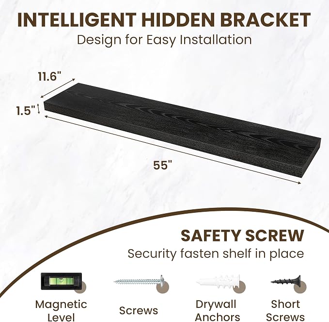 55 Inch Floating Shelves for Wall,12 Inch Deep Wall Shelves for Bathroom,Living Room,Bedroom,Kitchen,Decor,Floating Shelf with Invisible Heavy Duty Metal Bracket,Deep Long Shelf Wall Mounted,Black