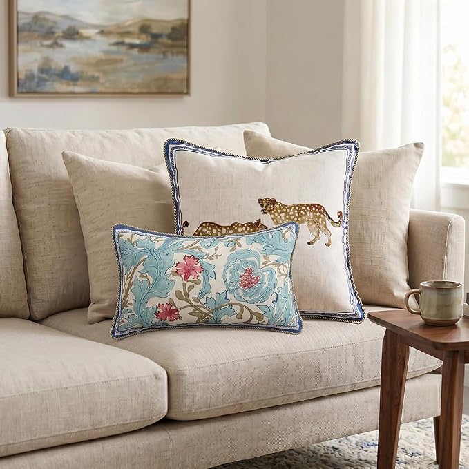 patdrea Designer Vintage Linen Throw Pillow Cover,12"x20",Set of 2-Fromm A | Luxury Decorative Pillow Case with Zipper,Blue Floral Pattern,Pillow Cover for Couch Living Room Bedroom Sofa