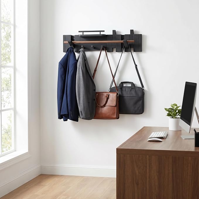 Mid Century Modern Walnut Foldable Entryway Wall Coat Hanger Hook with Shelf,Heavy Duty Wooden Piano Hidden Towel Hooks for Bathroom,Wall Rack for Purse&Key&Mail,Home Decor (Black, 7 Hooks)