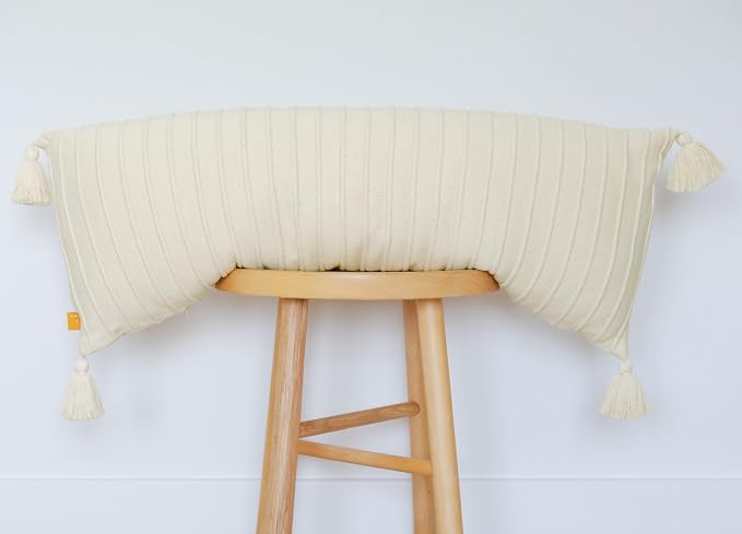 Long Knit Lumbar Pillow Cover – 14x36 Soft Ribbed Cotton with Tassels, Neutral Accent for Calm, Cozy Spaces (Oat Milk)