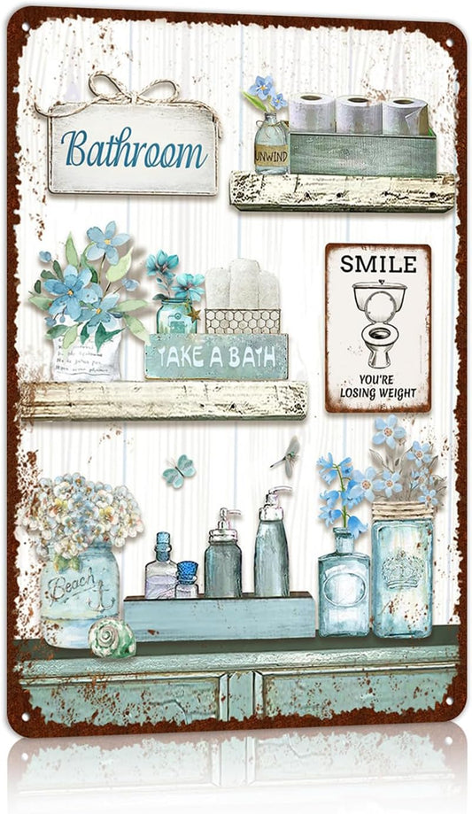 Vintage Farmhouse Bathroom Metal Tin Signs Rustic Flower Country Wall Art Decor 8X12 Inches