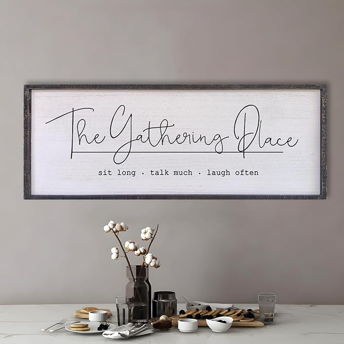 Surfapans Dining Room Wall Decor The Gathering Place Sign 40"x15" Family Gather Vintage Wood Framed Rustic Farmhouse Simple And Rustic for Friends Reunions Large Horizontal Hanging Art (Black)