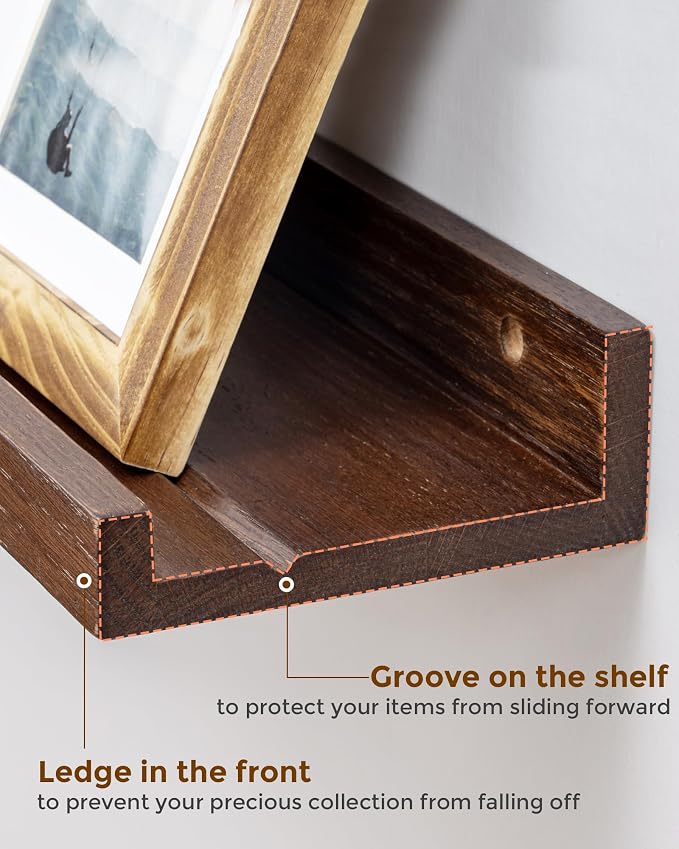 Axeman Oak Picture Ledge Shelf, 24 Inch Floating Shelves Set of 2, Solid Oak Wood Wall Shelves with Lip, Wall Decor Storage for Bedroom Living Room Bathroom Kitchen Nursery Photo Picture, Walnut