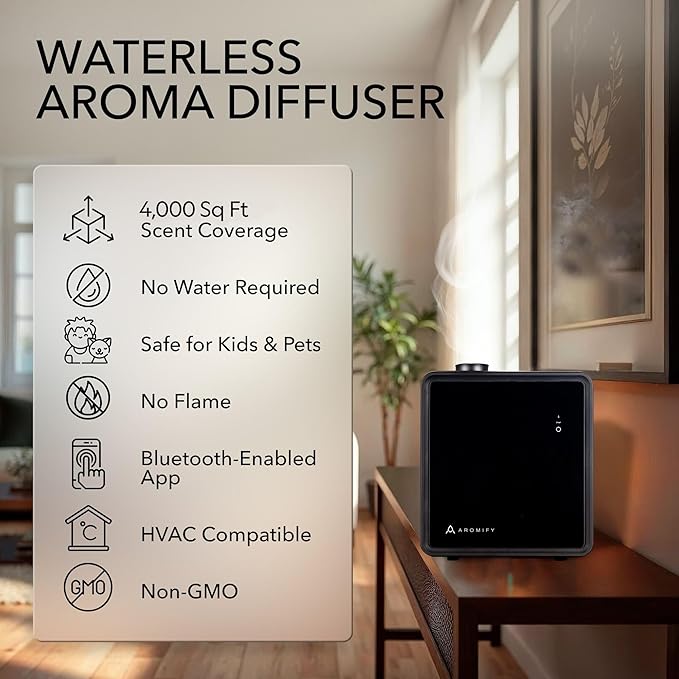 Grand Luxe HVAC Scent Diffuser, 4000 Sq Ft Coverage, Essential Oil Diffuser with Santal & Midnight Taboo Oils Included, Bluetooth & App Control, HVAC Compatible, Cold Air Diffuser for Home