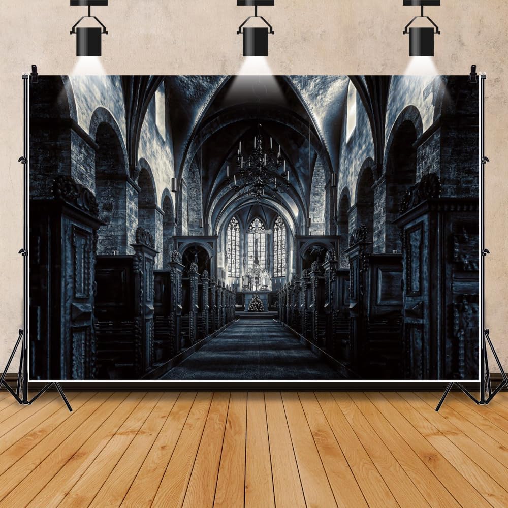 ChloropLastid 8x6ft Scary Church Halloween Backdrop Dark Black Horror Gothic Medieval Castle Interior Photography Background Halloween Night Carnival Theme Party Decor Banner Photo Studio Props