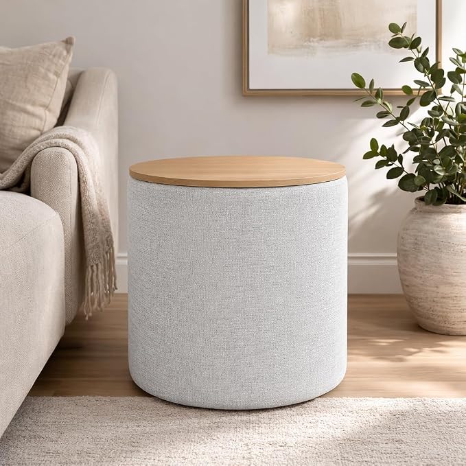 HomePop Storage Ottoman with Wood Top - Light Gray Textured Woven