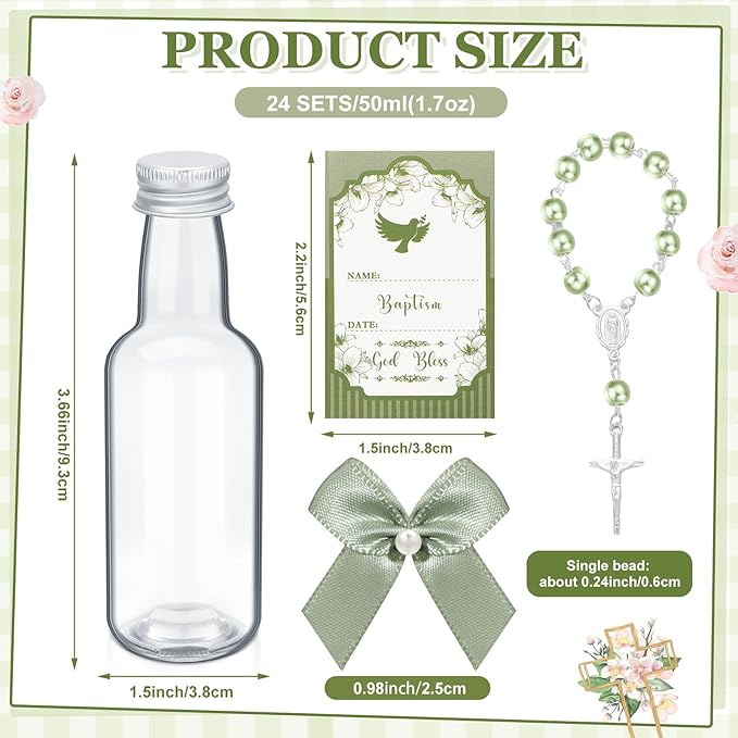 FillTouch 24 Sets Catholic Holy Water Bottle Baptism Rosary Set Baptism Favors 1.7oz Christian Water Container Empty Glass Holy Water Bottle for Easter Party Church Wedding Table Newborn (Green)