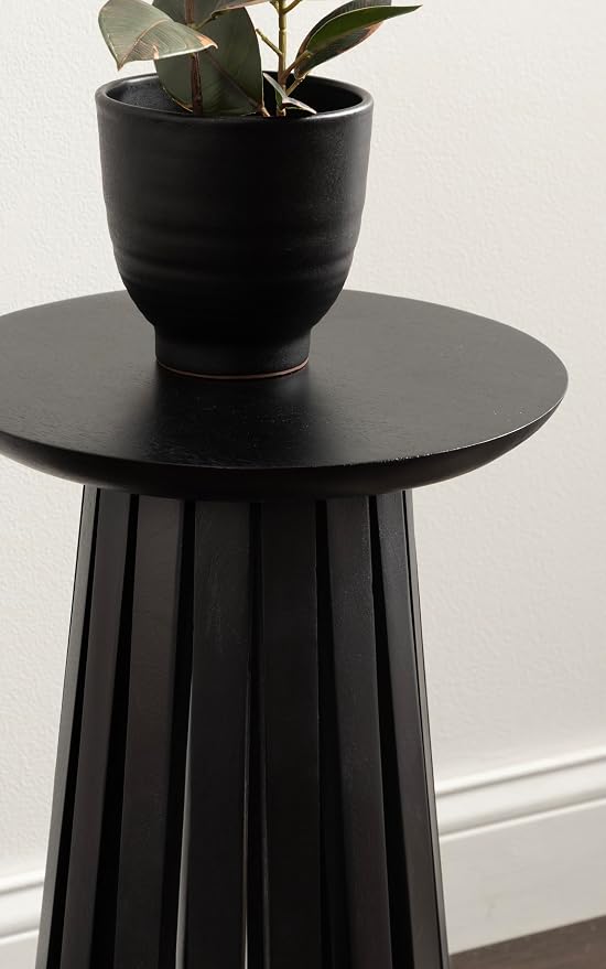 Kate and Laurel Klarc Modern Slatted Wood Round Drink Table, 12 x 12 x 22, Black, Circle Pedestal Table for Use as Bedroom Nightstand, Indoor Plant Stand, or Decorative Living Room Accent
