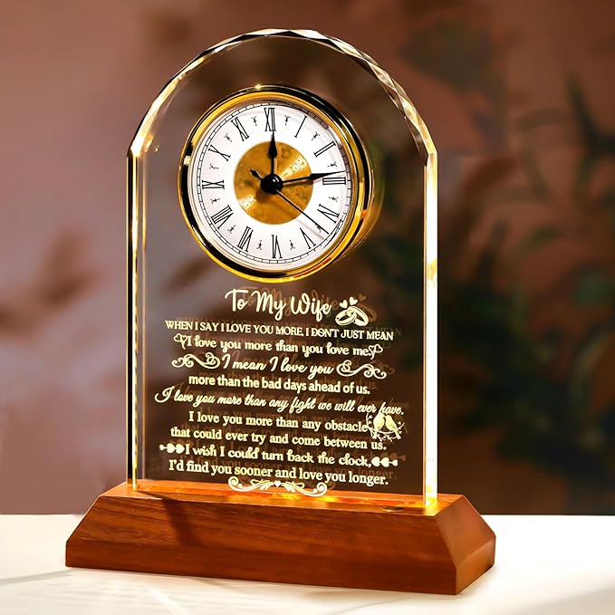 Gifts for Wife from Husband - Crystal Clock with Wooden Light Base, Christmas, Birthday, Wedding Anniversary Wife Gifts Ideas, to My Wife Plaque Presents for Valentine's Mother's Day