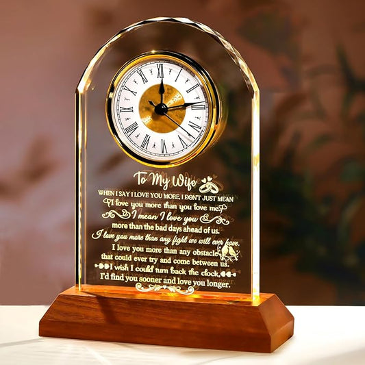 Gifts for Wife from Husband - Crystal Clock with Wooden Light Base, Christmas, Birthday, Wedding Anniversary Wife Gifts Ideas, to My Wife Plaque Presents for Valentine's Mother's Day