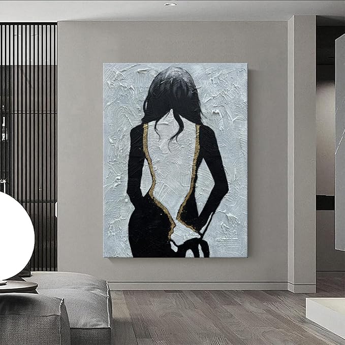 zoinart Hand Painted Black and White Textured Wall Art, 28x40 Inches, Black and White Girl Abstract Painting, Vertical Wall Decor