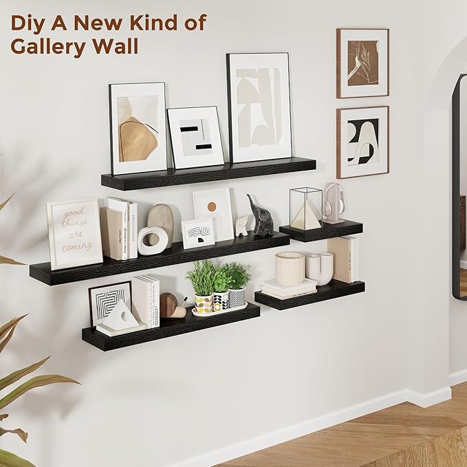 Heimlove 28 Inch Floating Shelves for Wall Black Shelves Set of 2,Wall Mounted Rustic Wood 8 Inch Deep Floating Shelf with Invisible Brackets for Bedroom Kitchen Living Room