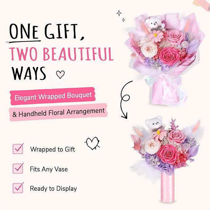 Preserved Flowers Bouquet with Bear, 3 Real Forever Flowers for Delivery, Long-Lasting Sweet Pink Eteranl Roses Bouquet, Anniversary Birthday Gifts for Women Mom Her Girlfriend Wife