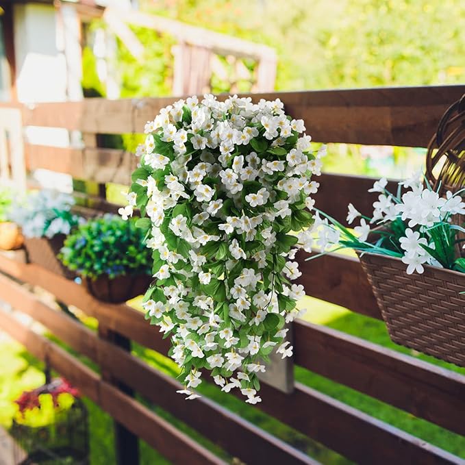 ZFProcess Artificial Fake Hanging Flowers Plants for Outdoor Spring Summer Decoration, 2PCS Faux Silk Violet UV Resistant Look Real Trailing Vines for Outside Home Planter Porch Patio(White)