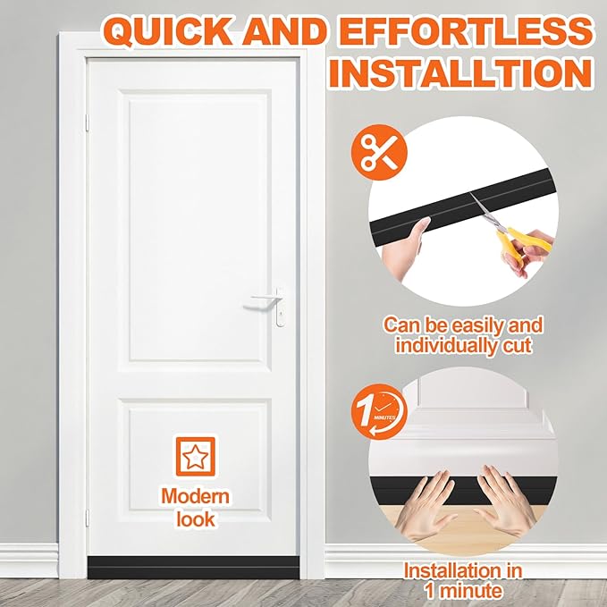 6Pack Door Draft Stopper, Black Door Sweep for Bottom of Exterior & Interior Doors Weather Stripping Door Seal Gap Filler Bottom Noise Cold Air Insulation Save Energy Install Quickly Easily