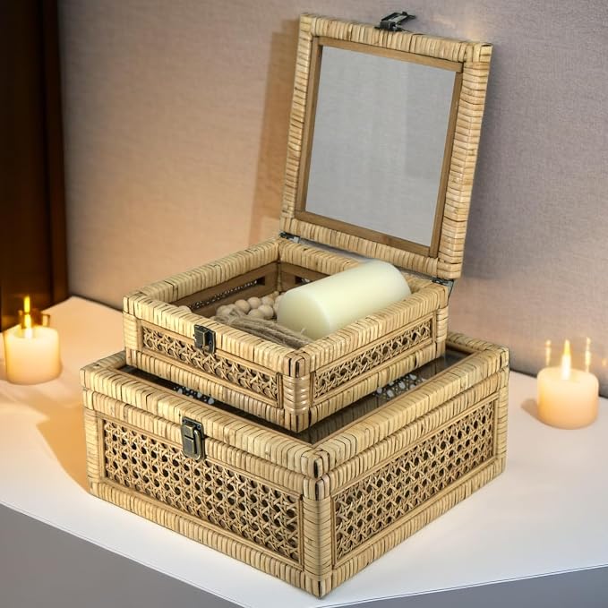 HUAXIN CRAFT H Rattan Square Box with Lid - Set of 2 Wicker Decorative Storage with Glass Cover for Display