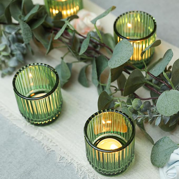 Vintage Ribbed Green Glass Tealight & Votive Candle Holders (Set of 6), Wedding Bridal Shower Party Table Decor, Fall Decor, Boho Decor, Shelf Decoration