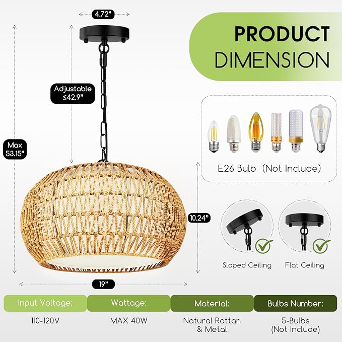 5-Lights Boho Rattan Chandelier for Dining Room, 19" Farmhouse Chandelier Light Fixtures with Fabric Shade, Large Hand Woven Pendant Lighting for Kitchen Island, Living Room