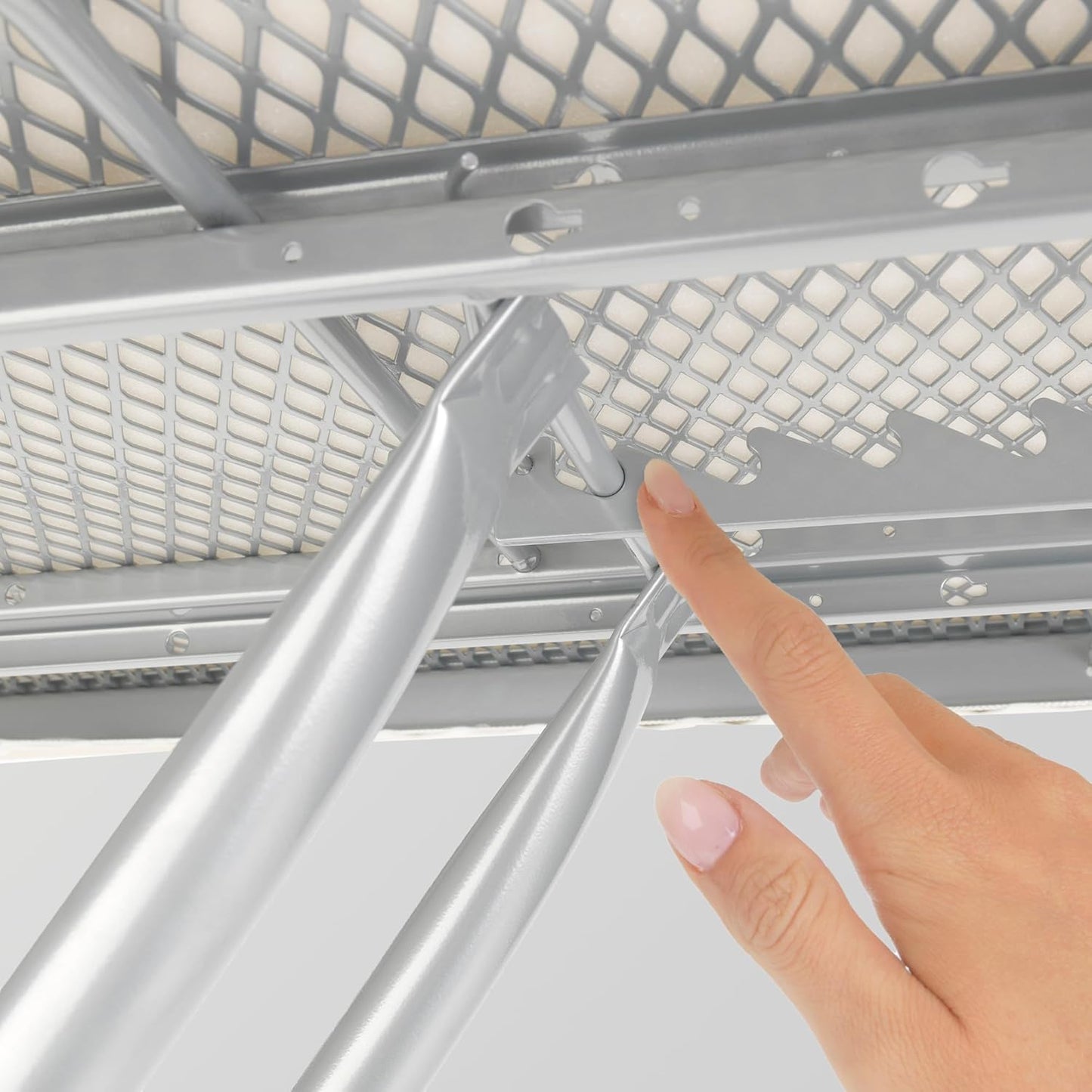 Brabantia Size C Ironing Board (49 x 18in) 7 Height Options, Solid Steam Iron Rest Holder & Linen Rack & Cord Holder (Ecru) Non-Slip Feet, Anti-Collapse Child Locks