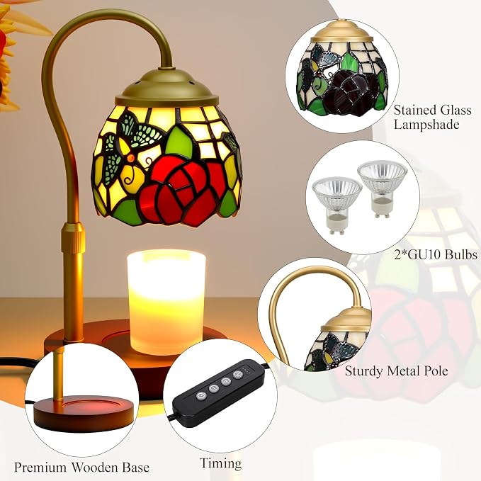 Candle Warmer Lamp with Timer Dimmer, Butterfly Tiffany Style Stained Glass Candle Lamp Warmer, Adjustable Wax Melt Warmer with 2 Bulbs for Small Jar Candles Valentine Birthday Gifts for Women