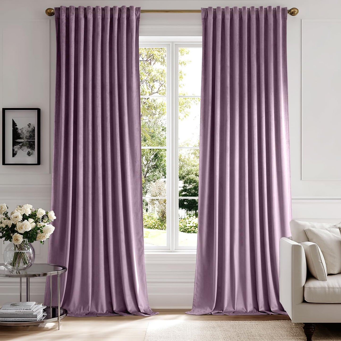 MIULEE Lavender Velvet Curtains 90 inches 2 Panels - Luxury Room Darkening Window Drapes for Bedroom Living Room Thermal Insulated Super Soft Blackout, Back Tab Rod Pocket Pinch Pleated, Purple