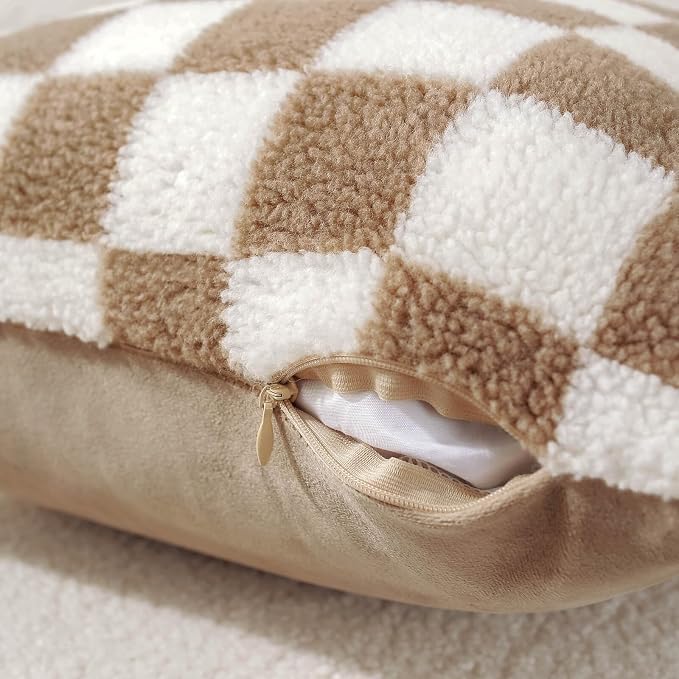 AmHoo Pack of 2 Decorative Throw Pillow Covers Checkerboard Luxury Super Soft Faux Fur Wool Set Case Cushion for Couch Sofa Bedroom 20 x 20-Inch Camel
