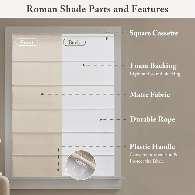 Madison Park Galen Matte Linen Cordless Roman Shades - Fabric Privacy Single Panel Darkening, Energy Efficient, Thermal Insulated Window Blind Treatment, for Home, Living Room Decor, 39" W x 64" H