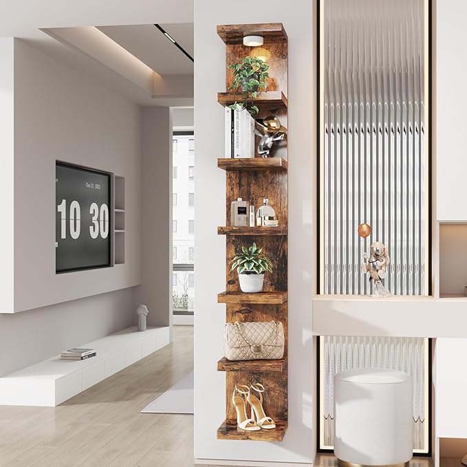 7-Tier Wall Shelf Unit with USB Rechargeable Led Light (Remote Controlled),Versatile Floating Display Shelves,Lack Style Wall Shelves for Bedroom,Living Room,Office Decor,Vanity-Rustic Brown