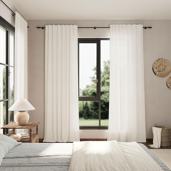 Nanspring Beige White Linen Curtains for Living Room 86 Inches Long Back Tab and Rod Pocket Light Filtering Semi Sheer Curtain Rustic Farmhouse Decor Luxury Drapes for Bedroom Office 52x86, 2 Panels