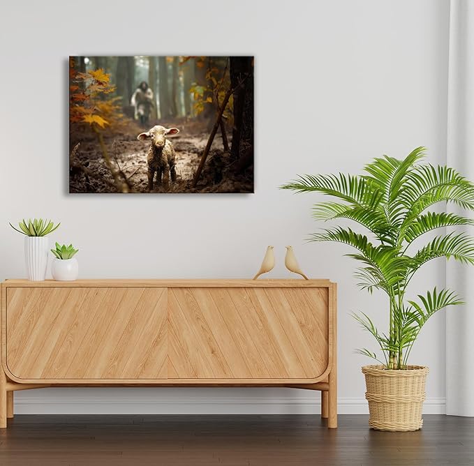Baptism gifts for boys or girl wall decor, christian gifts for women & men, Jesus and Lamb Canvas poster Jesus Running After Lost Lamb Picture for prayer room Posters religious gift serenity prayer wall art for home decor A-366 (24"X16")