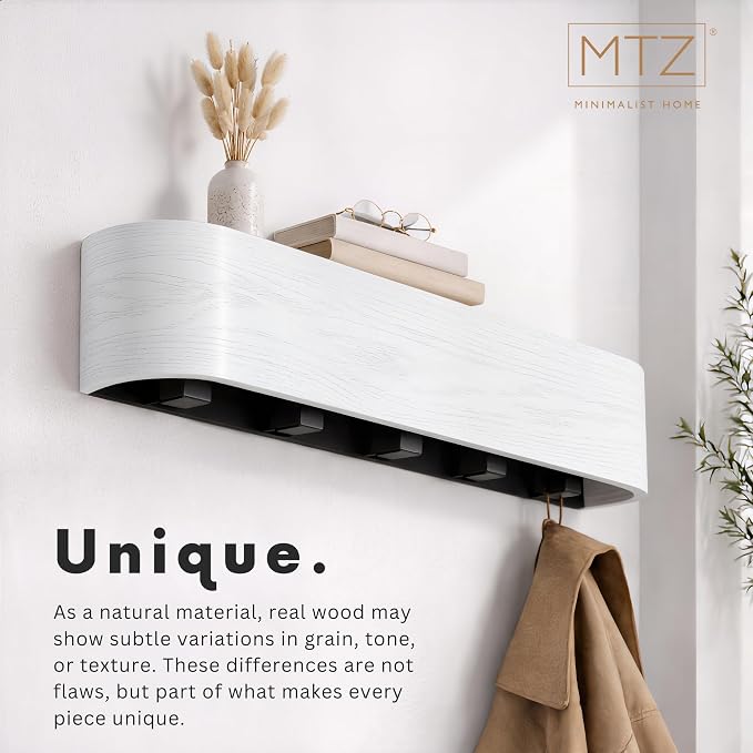 MTZ Solid Wooden Wall Mounted Coat Rack with Shelf & 5 Hidden Hooks – Modern Entryway Coat Hanger, Wood Coat Rack for Jackets, Bags & Keys, Minimalist Wall Hook Rack (White)