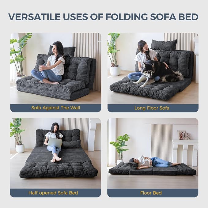 MAXYOYO Folding Sofa Bed, Tufted Bean Bag Bed with Pillows Floor Couch for Adults, Extra Thick and Long Floor Sofa, Twin Couch Bed for Bedroom Living Room, Dark Grey, 39x91 Inch