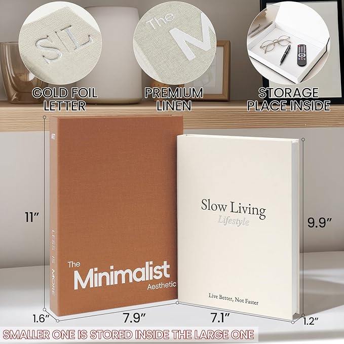 Minimalist Decorative Books - Fake Books Storage Box for Decoration - Set of 2 Linen Coffee Table Decor - Photo Storage Keepsake Box for Room Bookshelf Decor, Brown