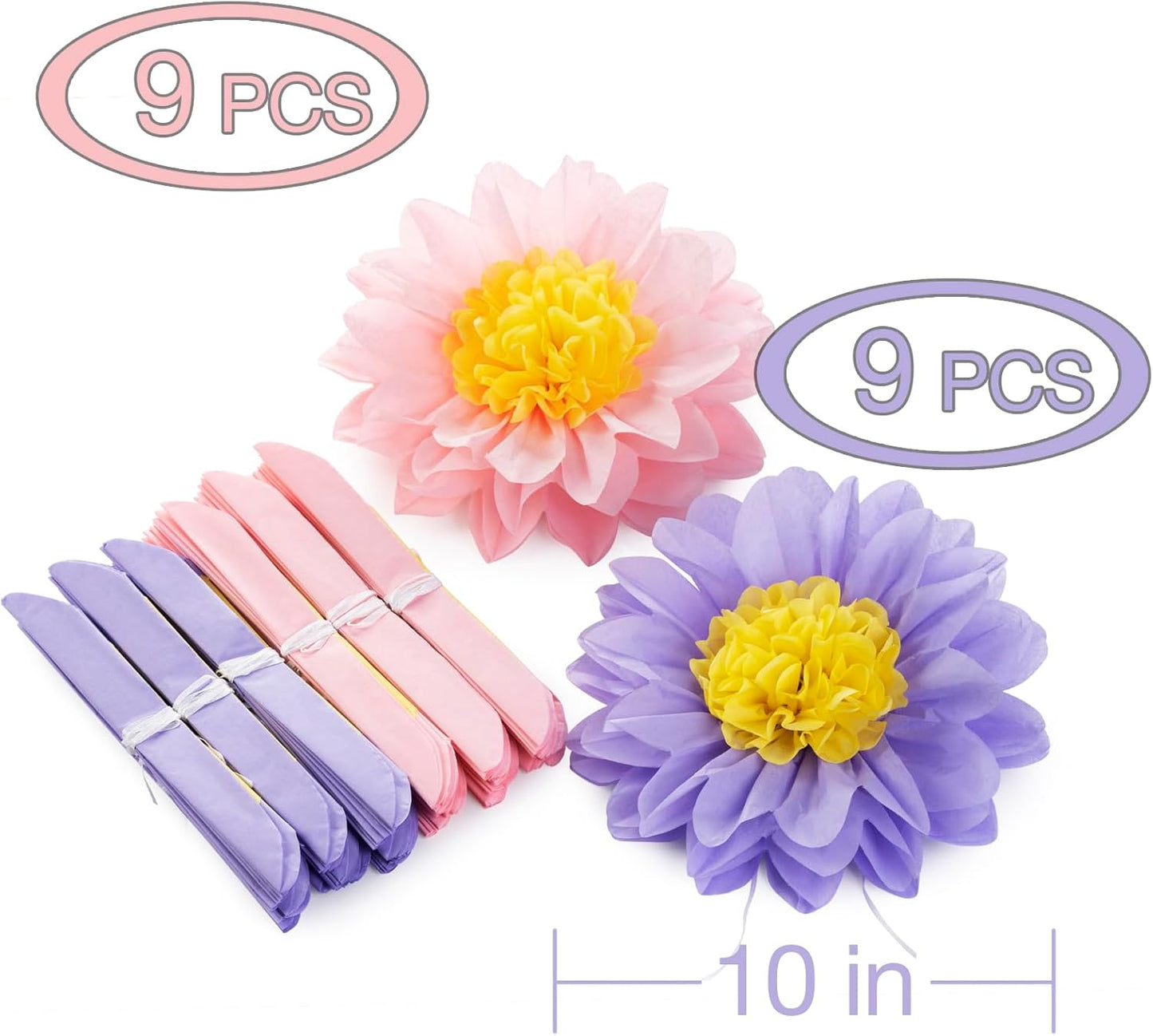 MISU Pink Purple Paper Flowers Tissue Paper Pom Poms Sunflower Daisy Flowers for Party Decorations, 10 Inch, Pack of 18