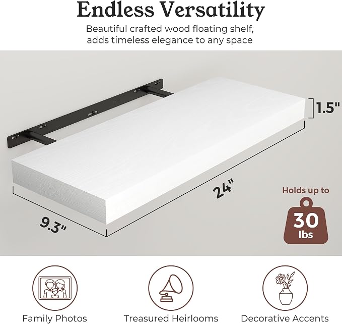 White Floating Shelves for Wall, 9.3" Deep Wall Mounted Wood Shelves for Bathroom, Bedroom, Living Room, Kitchen, Hanging Shelf for Books/Storage/Room Decor (White, 24")