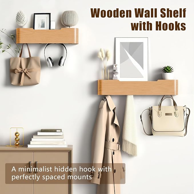 Coat Rack Wall Mount with Hidden Hooks, Wall Hooks with Shelf, Wall Key Holder Mount Wooden Shelf Entryway Hooks for Bedroom Bathroom for Hanging Coats Hats Bags Towels (Oak, 5 Hooks)